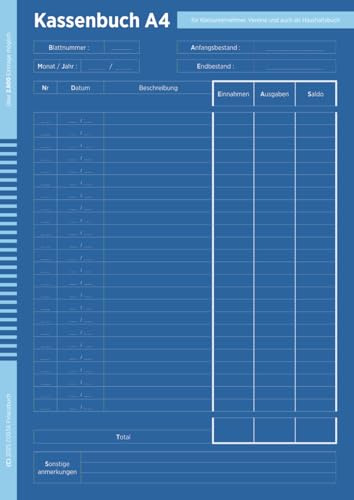 Kassenbuch Kleinunternehmer A4: Einfaches Kassenbuch A4 Für Kleinunternehmer Und Vereine | Ohne USt.| 123 Seiten | Über 2.800 Einträge | Einnahmen Und ... Vereine Und Auch Als Haushaltsbuch .
