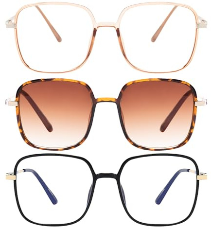 EYEGLSMST 3er-Pack Übergroße Lesebrillen 1,5 für Damen mit Lesesonnenbrille, Große Quadratische Blaulichtfilter Computerleser, Gross UV400 Getönte Sonnen-Leser