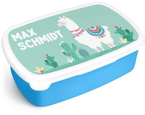 GRAVURZEILE Bedruckte Lunchbox - Lama - Personalisiert mit Namen - Brotdose für Kinder - Individuell bedruckt mit Wunschmotiv - Platzsparend stapelbar - Perfekt für Schule & Kita - Farbe: Blau