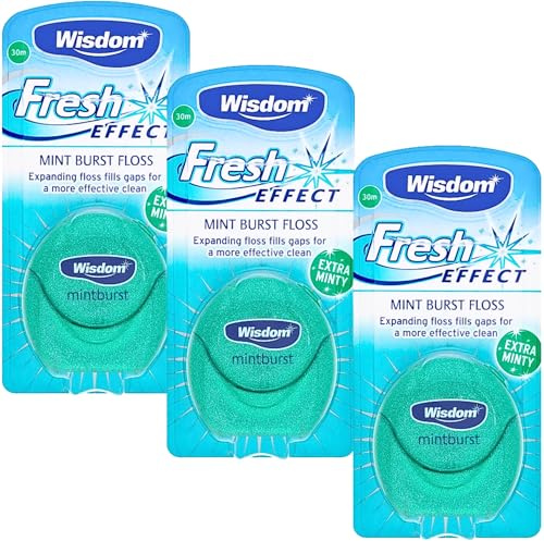 Wisdom Fresh Effect Dental Floss - Pack of 3 x 30m | Mint Flavoured Expanding Waxed Floss for Plaque Removal & Gum Health | Shred-Resistant Teeth Cleaning Floss for Tight Spaces
