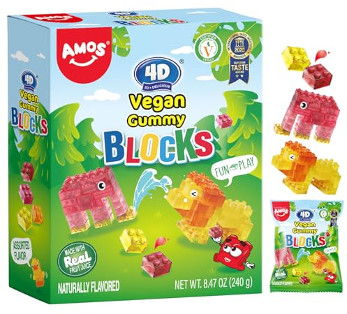AMOS Vegane Fruchtgummi Bausteine, 4D Süßigkeiten Kindergeburtstag 240g | Interaktive 4D-Süßigkeiten-Bausteine: Perfekt für Büro-Pausen, achtsames Naschen, Familienspaß & Party-Highlights