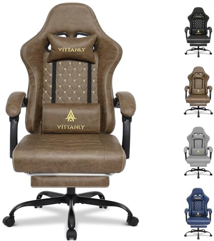 Vittanly Gaming Stuhl mit Federsitzkissen, Gaming Chair, Braun | Kopfstütze, Lendenkissen und Fußstütze, Ergonomisches Design, Gaming Sessel, Bürostuhl, für Homeoffice und Gaming