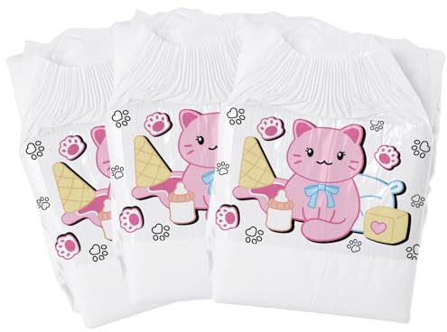 CutiePlusU Pañales para adultos 3 unidades, superficie seca, máxima absorción durante la noche, pañales desechables para incontinencia – Cute Kitty White (M 28-38)