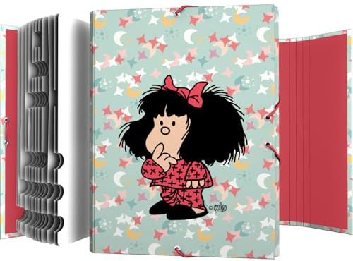 Grafoplas - Clasificador Escolar Mafalda Pijama, 12 Posiciones, Cartón Plastificado Tacto Suave, Tamaño Folio, 35x26x2cm, Certificado FSC, Perfecto para Clasificar Tu Material Escolar