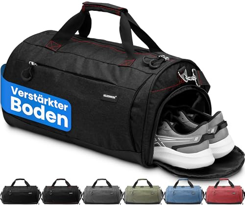 Heldenwerk® sportväska med skofack och våtfack | Träningsväska för män och kvinnor, perfekt som resväska, fitnessväska, träningsväska eller sportväska, Svart med röda dragkedjor_a, 58 x 31 x 31 cm