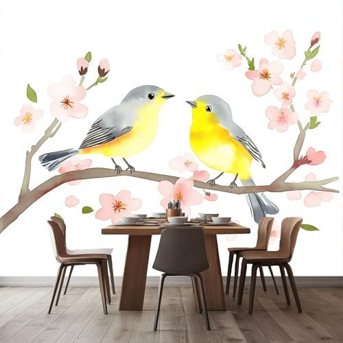 Carta da parati stampata 200 x 140 cm Carta da parati murale non tessuta Acquerello Carino Uccelli Fiori di ciliegio Decorazione murale per la casa alla moda per camera da letto e soggiorno Colore