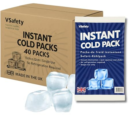 V Safety Instant Ice Packs - UK-Made Disposable Cold Compress, No Refrigeration Needed, Squeeze to Activate - Portable Cooling for Food, Drinks & Outdoor Use - Medium Size (Pack of 40)