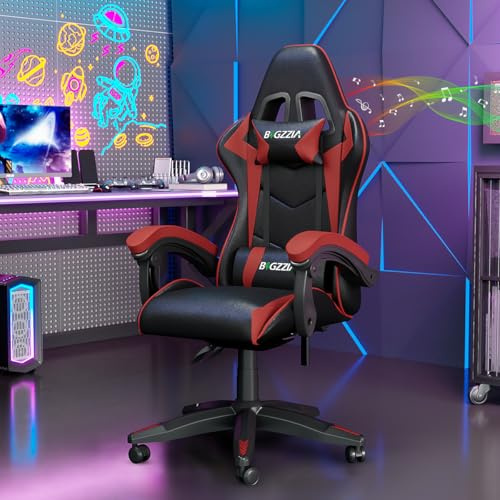 Bigzzia Silla Gaming con Cojín Lumbar y Reposacabezas, Silla Gaming Regulable en Altura, para Oficina, Silla Gamer Ergonómica para Adultos y Adolescentes (Bluetooth, Rojo)