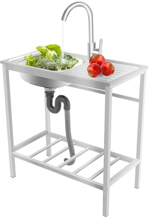 MEELRYD Lavello da esterno autoportante, in acciaio inox, con rubinetto girevole a 360°, lavandino mobile, banco da lavoro per ristorante, lavanderia, campeggio, 75 x 40 x 75 cm