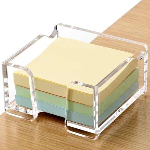 SANRUI Acrylic Sticky Note Holder with Pen Slot Clear Memo Pad Dispenser for 3x3 Inch Notes, All-in-One Desk Accessories for Home Office & School Supplies