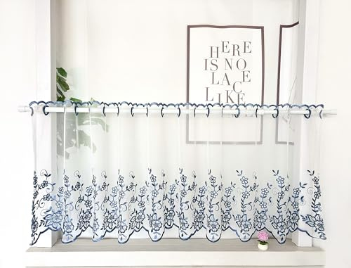 Daliena Scheibengardine Blumenmuster Kurzstore Transparent BxH150x60cm Blau | Romantisch Kurzgardine Bistrogardine Landhaus, Kleines Fenstervorhang, Gardine für Küchenfenster 1 Stück