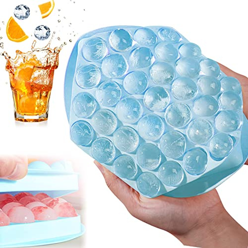 Round Mini Ice Cube Trays with Lid, 37 Small Grids Mini Ice Cube Moulds, Reusable Silicone Ice Cube Maker Moulds, Sphere Ice Making Mold for Chilling Cocktails, Whiskey, Coffee