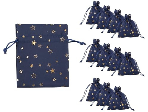 Idena 90420 - Stoffbeutel ca. 10 x 13 cm, 12 Stück, Blaue Säckchen mit Sternen-Motiv, Weihnachtssack mit Kordel, Geschenkbeutel für Weihnachten, Blau