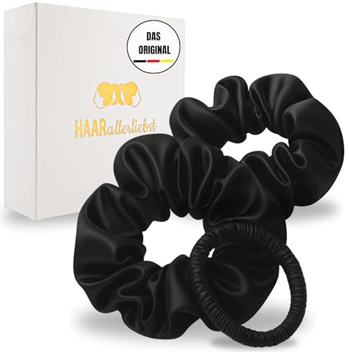HAARallerliebst® 3er-Set 100% Seide Scrunchie mix Haargummis mit Pappschachtel, Haargummi für jeden Tag, Haarpflege Scrunchies, ohne Haarschäden (schwarz, mix)