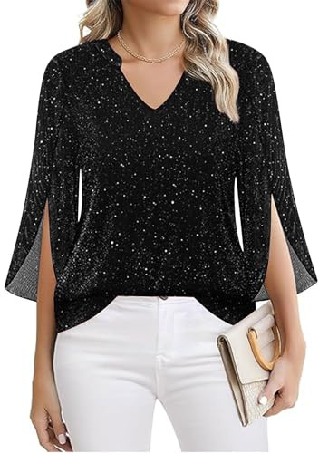 Bluse Damen Elegant 3/4 Rüschenärmel Glitzer Tunika 3/4 Arm Shirt Damen V Ausschnitt Doppellagige Mesh Bluse Shirts Tops Karneval Party Festliche Oberteile Silvester Outfits