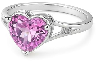 Freundschaftsringe Freundinnen, Freundschaftsringe Herz mit Im Labor Hergestelltem Rosa Saphir und Diamanten 14K Weißgold Größe 63 (20.1)