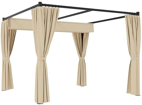 Outsunny Pergola 3 x 3 m fristående terrasstak med skjuttak, 4 sidoväggar, UV-resistent baldakin metall, trädgårdspaviljong, solskydd för terrass, trädgård, beige