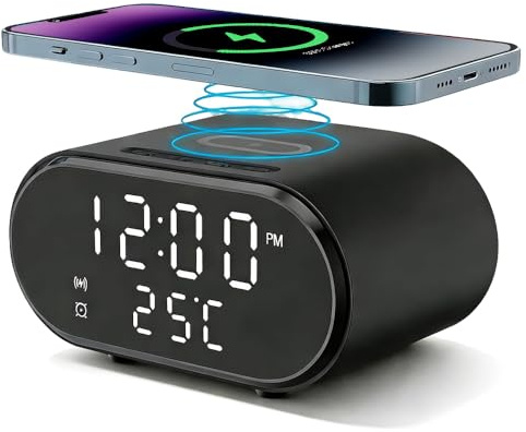 BIZOI 3-in-1 Wireless Charging Alarm Clock, Bedside Digital Alarm Clock with 15W Fast Wireless Charger, Smart Clock with Charging Station and Digital LED Display USB-C Cable for Bedroom Office Dorm