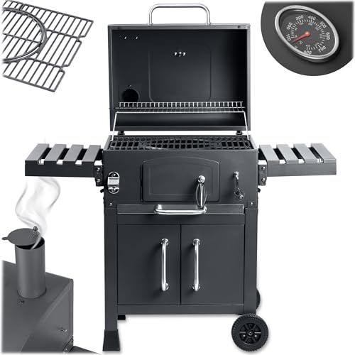 Berdsen Barbecue au charbon de bois - BBQChef - Avec cheminée et grille en fonte - 41,5 x 57 cm - Bac à charbon réglable en hauteur, thermomètre, étagères latérales pliables, armoire inférieure