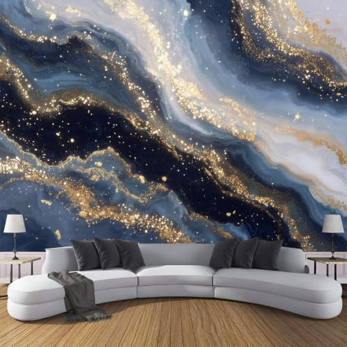 Carta Da Parati Fotomurale Xxl Marmo Lusso Cielo Stellato 250X175Cm, Poster Murale Fotografica 3D In Tessuto Non Tessuto Onde Sfocate In Modo Astratto Di Grande Per Tv Corridoio Soggiorno, Blu Scuro