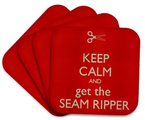3dRose Keep Calm and get The Seam Ripper, Red and White, Set of 4 Coasters - Soft