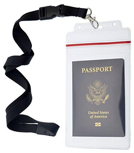 Passport Holders - 2 Pack - Heavy Duty Water and Tear Resistant Resealable Sleeves & Premium Breakaway Lanyard - 4X6 Insert for Vaccination Cards, Cruise, Travel, and Beach Vacation Documents (Black)