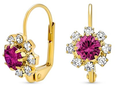 Delicate Floral Crystal Gold Plated Brass Lever back Drop Flower Earrings For Women Teen More Birth Month Colors