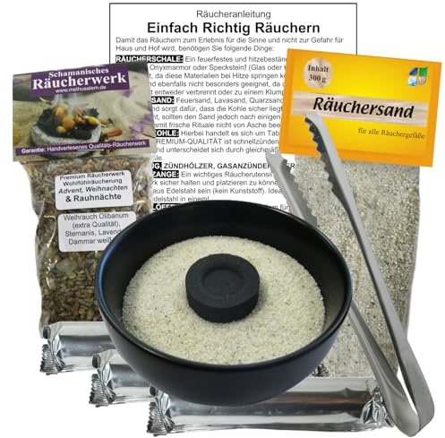 Räuchern-Starter-Set 8-TLG für jedes Räucherwerk MIT duftender Wohlfühl Räucherung 30 Tabs Räucherkohle + Räucherzange + Räucherschale + Räuchersand + Räucheranleitung. 81116-2S