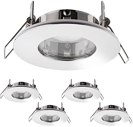 National Lighting Fire Rated LED Downlight Fittings - Round Ultra Slim, Chrome Downlights for Ceiling - IP65 Rated Bathroom Spotlights - 7W 240V LED GU10 (Not Included) - Pack of 4