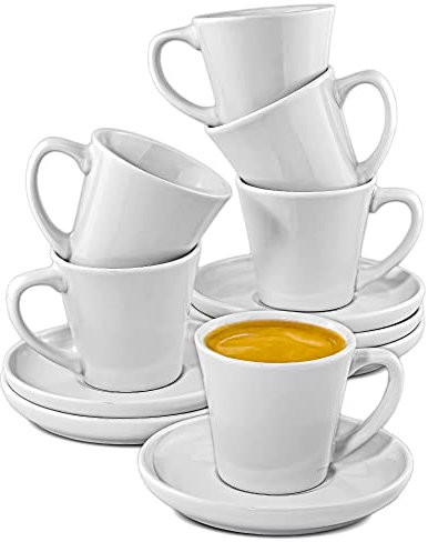 Cosumy Set di 6 Tazzine da Caffè Espresso Bianche - Con Piattini - Ceramica Bianca - Lavabile in Lavastoviglie - 70ml - Impilabili