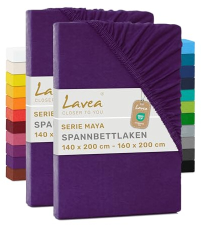 Lavea® 2er Pack Jersey Spannbettlaken 140/160x200cm – Dunkellila | 100% Baumwolle – Weiches Bettlaken für Matratzen bis 20 cm Höhe – Formstabil und Langlebig