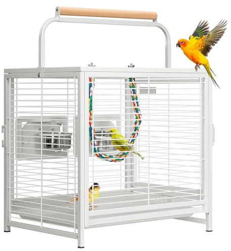 VIVOHOME 19 Inch Wrought Iron Bird Travel Carrier Cage for Parrots Conures Lovebird Cockatiel Parakeets White