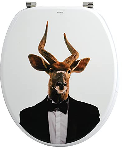 MSV WC Sitz Toilettendeckel MDF Holzkern Nyala Scharniere aus Edelstahl - hochwertige und stabile Qualität - Weiß Hirsch