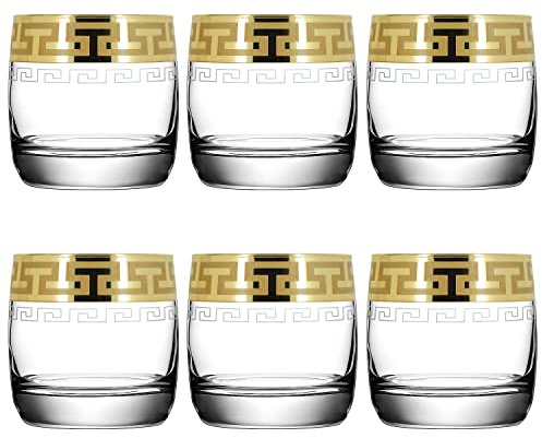 Lot de 6 verres à whisky avec bord doré pour homme ou femme, coffret cadeau pour papa, grand-père, fond rond, design moderne – 250 ml (Style grec FBA)