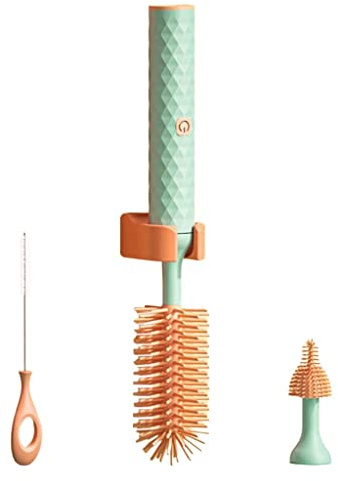 Fenteer Wiederaufladbare elektrische Babyflaschenbürste Schnuller Tragbares Silicagel-Mehrzweck-Bürstenset Flaschenbürste Flaschenbürsten-Set für Neugeborene, Grün-Orange
