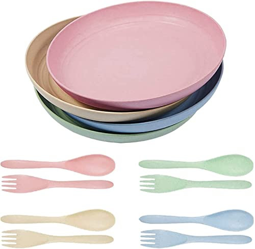 Brilate 4 pezzi 19,8 cm Piatto da Ttavola Lnfrangibile, Piatto da Tavola in PP Degradabile Stoviglie Sane, Stoviglie Lavabili in Microonde e Lavabili in Lavastoviglie con Forchetta e Cucchiaio