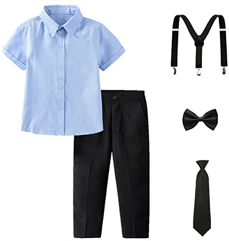 amropi Ragazzi Completini e Coordinati Bambino a Maniche Corte Camicie e Pantaloni e Cravatta Blu Nero, 11-12 Anni