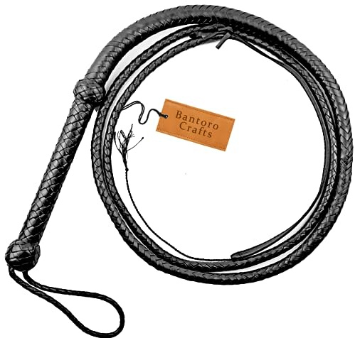 Bantoro Crafts Noir Fouet en Cuir véritable Cravache 3 à 8 Pieds / 0,9 à 2,4 mètres de Longueur 12 Tresses Brins Cuir tressé Fouet craquant Fort Equitation Cuir de Vachette