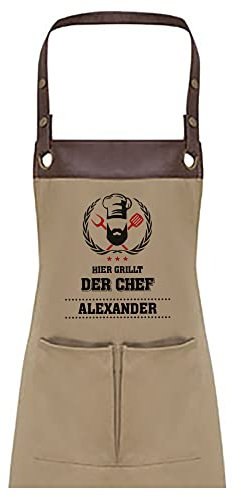 TASSENPALAST Premium Grill-Schürze mit Spruch personalisierbar mit Wunschnamen - Lustiger Spruch/Sprüche Grillschürze Lustig - Unisize (Hier grillt der Chef - Khaki)