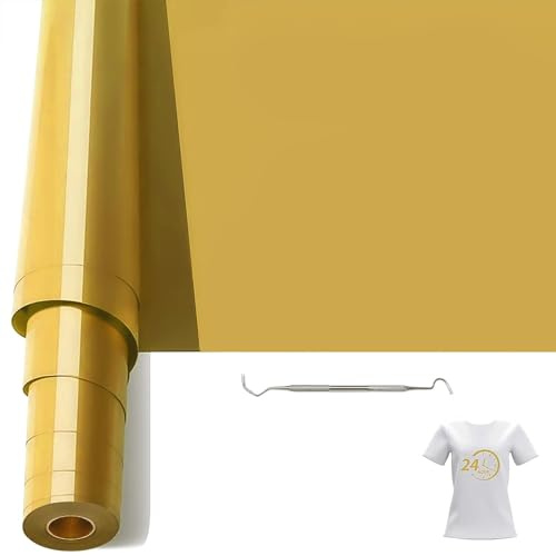Bocguy Plotterfolie Textil Rollen, 30.5CM x 6.1M Heat Transfer Vinyl Flexfolie Rollen mit Plotter Werkzeug, Plotter Vinylfolie für Eisen Heiße Presse, T-Shirts & Mehr Stoffen (Golden)