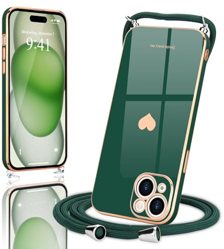 Wirvyuer Coque avec Cordon pour iPhone 15 Silicone Motif Coeur, Vert foncé | Coque Ultra Mince Silicone Souple, Étui en Motif Coeur avec Chaîne, Collier Réglable, Téléphone Portable Lanyard Case