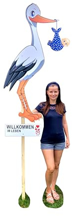 XL SET 148 cm- Babystorch aus HOLZ für JUNGE Geburt (Druck: EINSEITIG*) | Inklusive Beschriftungstafel & Baby in BLAU, Klapperstorch zur Geburt, Holzstorch für draußen, Storch-Holz