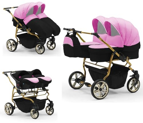 Zwillingskinderwagen 4 in 1 Duet Lux Goldedition inkl. Autositze - 13 Teile - in 20 Farben