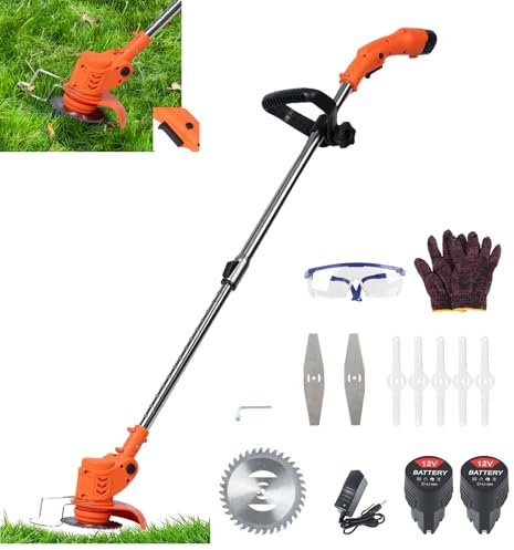 Hedge Trimmer, Electric Grass Trimmers, 12V 2.0Ah Cordless String Trimmer with 2 Batteries,450W Electric Weed Mower Cordless Trimmer Handheld Lawn Mower for Garden, Lawn Red