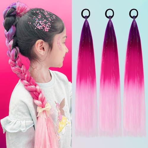 PORSMEER 3 Stück Lang Lila/Rot/Rosa bis lila Haar Lametta zopf extension mädchen und Frauen,60 cm Glattes Pferdeschwanz Haarteil Synthetik Haarverlängerung Zopf