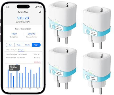 Meross Smart WLAN Steckdose mit Strommessung 16A, Zeitschaltuhr Steckdose mit Sprachsteuerung, Fernzugriff, Smart Home WiFi Steckdose kompatibel mit Alexa, Google Home, SmartThings, 4er