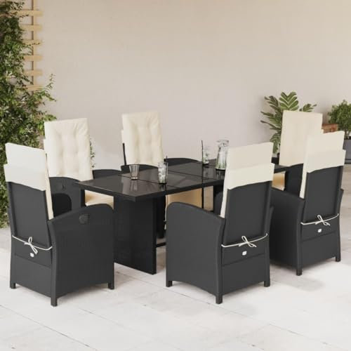 SECOLI Polyrattan Sitzgruppe Garten Essgruppe 6 Personen Rattan Gartenmöbel Set mit 6 Rattansessel Hochlehner Verstellbar Essgruppe Outdoor Gartengarnitur Sitzgarnitur Schwarz 7-tlg-Type-204