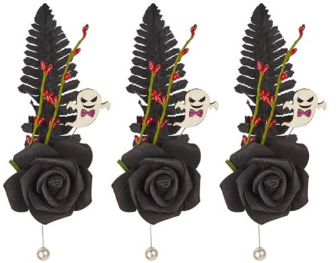 Schwarze Rosenbrosche Asudaro Blumenbrosche aus Stoff Schal-Brosche Ansteckblume Brosche Blume Für Karneval, Fasching, Halloween 3STK