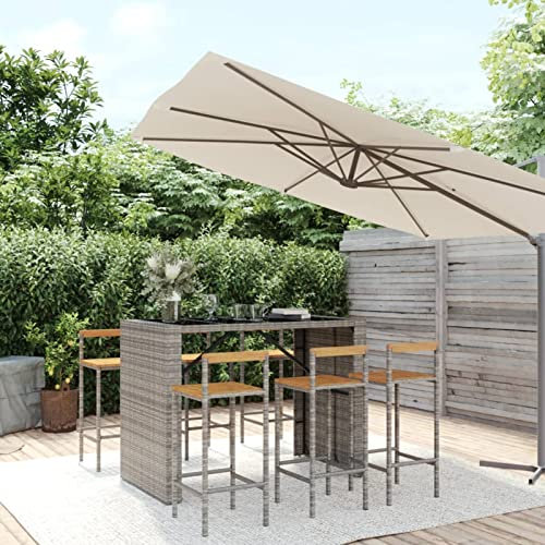 Bulliing 7-TLG. Gartenbar-Set Stehtisch Outdoor Bartisch-Set Bar MöBel Bar Outdoor Theke Garten Theke Bar Grau Poly Rattan & Massivholz Akazie 3187703