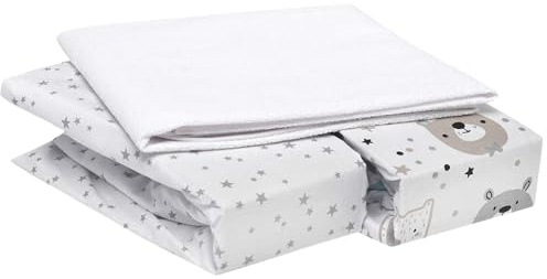 Flyideas 3er-Set 2 Flanell Spannbettlaken + 1 wasserdichte Matratzenschoner für Beistellbett 90x55 cm – 100% Warmes, Weiches Baumwolllaken für Babys und Neugeborene, perfekt für den Winter